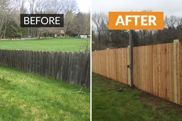 Before and after of a fence restoration
