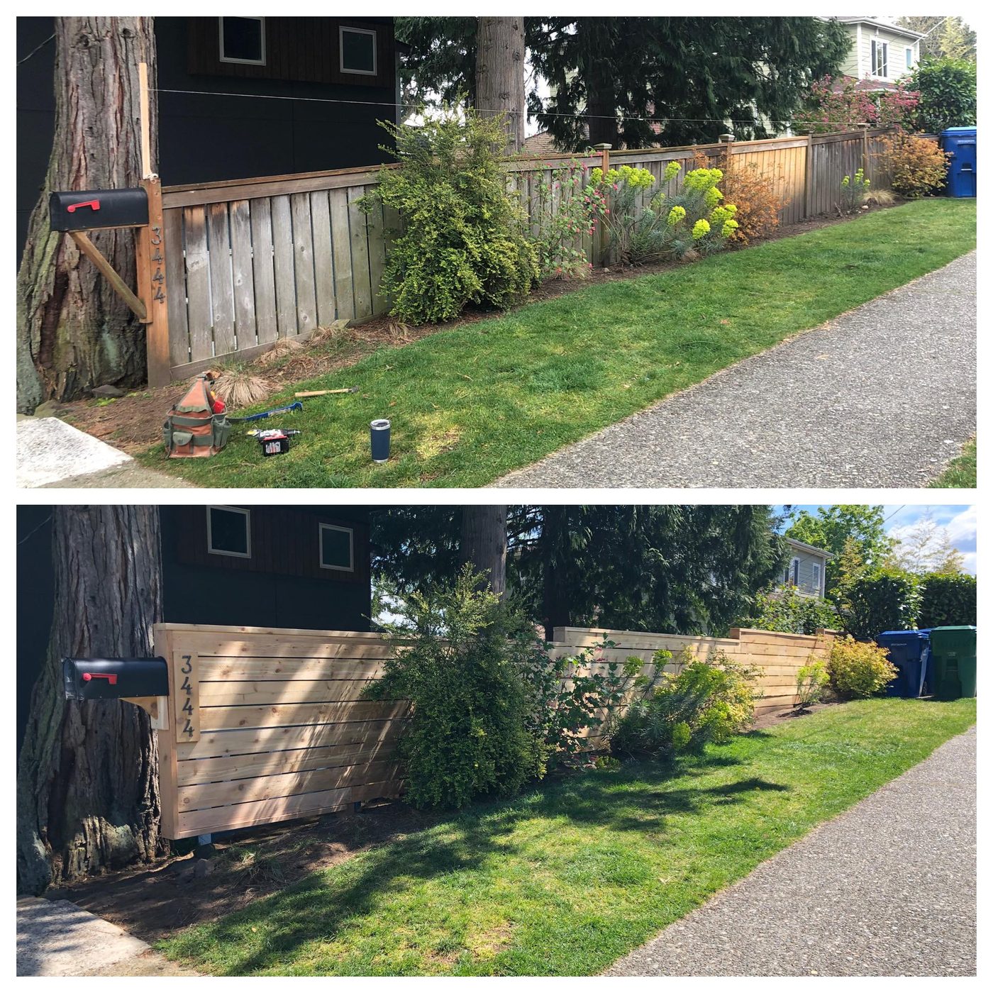 Before and after of a replaced fence line