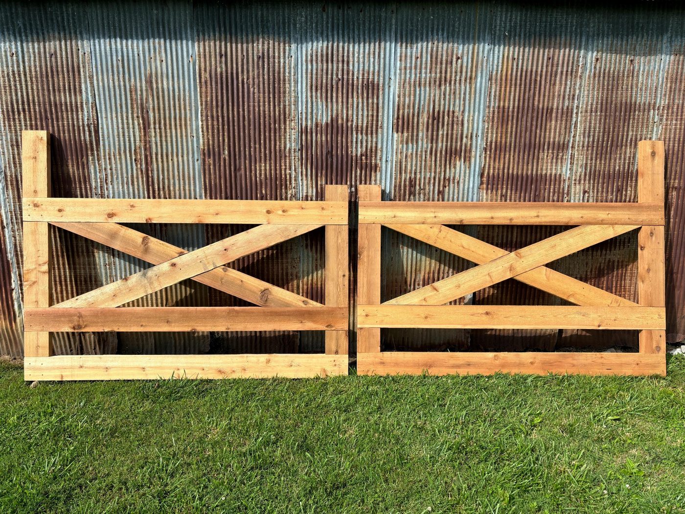 Close-up of cedar gate joinery and hardware