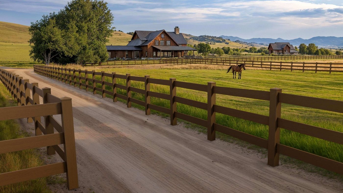 Ranch rail fence line across a property
