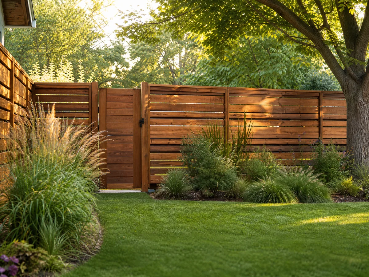 Cedar privacy fence with a matching gate beside a lawn